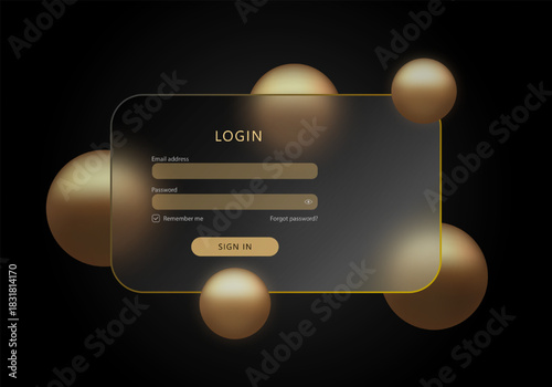 Elegant entrance form in glass morphism style with golden spheres on a dark luxurious background.