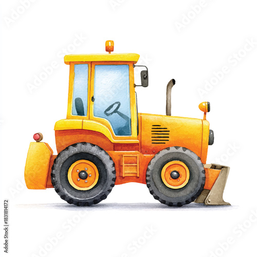 Cute Yellow Tractor Watercolor Illustration