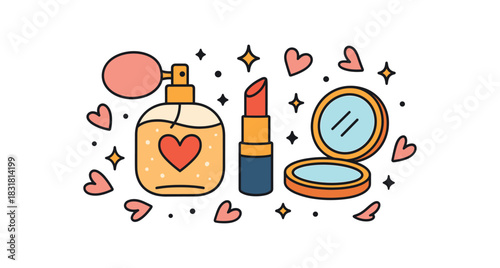 Bridal shower flat vector illustration collection of cute party icons perfume bottle lipstick compact mirror petals sparkles arranged horizontal composition handdrawn outlines bright color