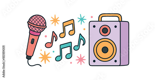Bachelorette party flat vector illustration collection of cute party icons karaoke set: mic speaker notes starbursts arranged horizontal composition handdrawn outlines bright color palette
