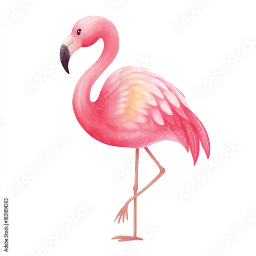 Elegant Pink Flamingo Watercolor Illustration Standing on One Leg