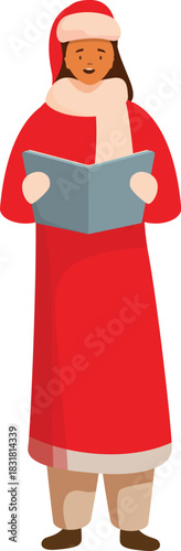 Choir singer is wearing a santa claus hat and singing christmas carols