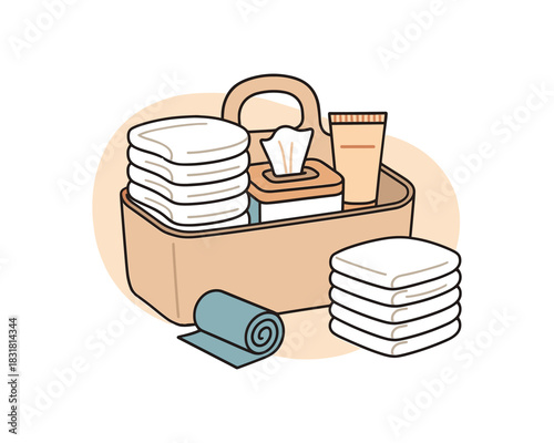 Diaper caddy contents diapers stack wipes rash cream small trash bags roll flat vector illustration minimal isolated abstract shape