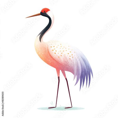 Elegant Red-crowned Crane Watercolor Illustration