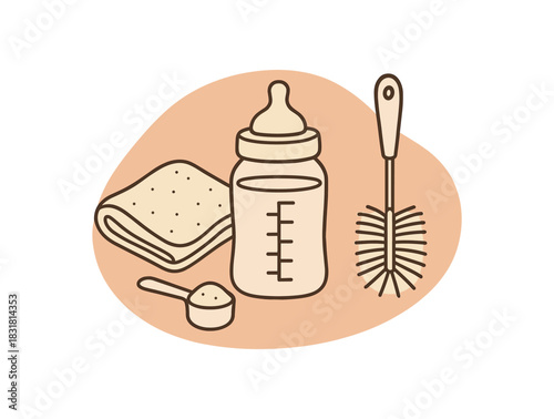 Feeding essentials baby bottle formula scoop burp cloth bottle brush flat vector hand drawn outlines minimal isolated organic background shape