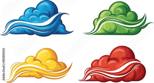 Colorful cloud illustrations with swirling white lines isolated on a white background