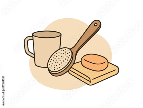 Bath accessories rinse cup soft brush baby soap bar washcloth flat vector illustration minimal isolated abstract background shape