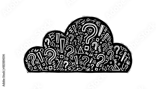 Doodle cloud with question marks and symbols in black and white