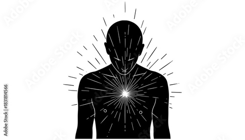 Silhouette of person with radiant heart symbolizing inner light and energy