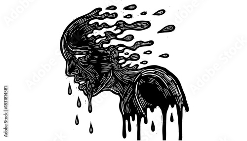 Creative dripping ink portrait of a melting human face