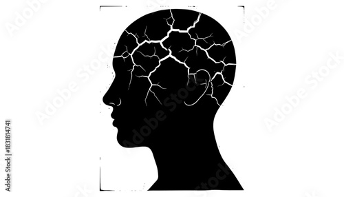 Silhouette of cracked human head reflecting mental health and stress concepts