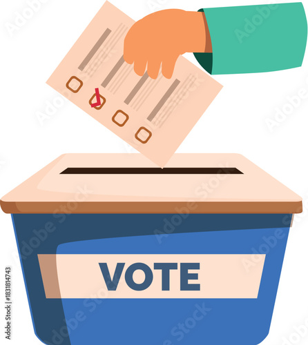 Hand inserting ballot paper into vote box, casting vote in election