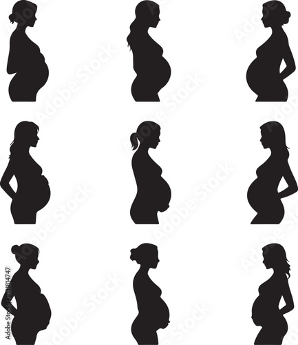 Collection of pregnant women silhouettes representing motherhood and expecting a baby