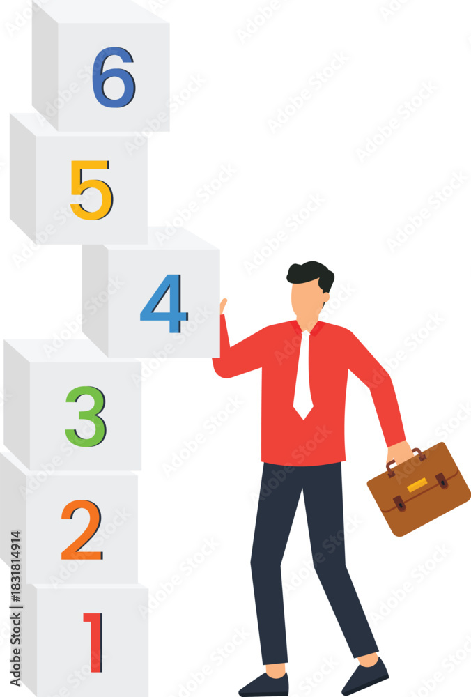 Obraz premium Business growth strategy with businessman building numbered blocks for career progression and achievement milestones. Corporate development and step by step process for success.