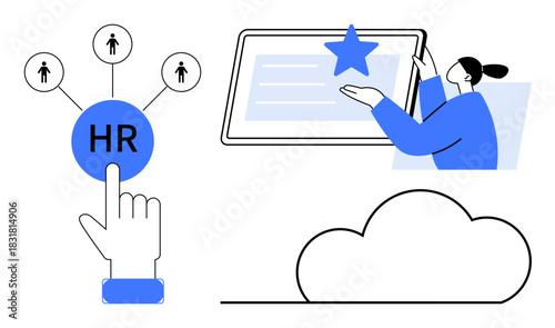 HR selection process with hand selecting candidates, professional evaluation on screen, and cloud storage. Ideal for HR, recruitment, team management, performance review, hiring, online tools modern