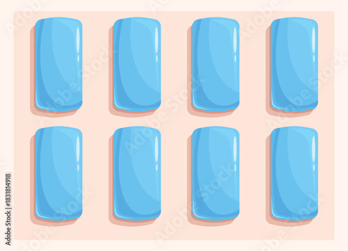 Eight pieces of blue chewing gum arranged in a blister pack on a pink background, viewed from above