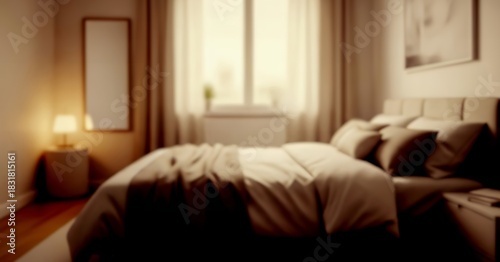 Tableau sur toile A fully blurred cozy bedroom featuring warm lighting, soft silhouettes, and pastel gradients blending into a dreamy interior atmosphere with subtle haze and smooth transitions