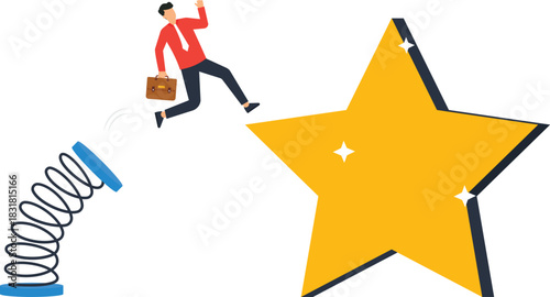 Businessman jumping career growth reaching success achieving goals springboard launch golden star business ambition corporate success performance boost upward mobility career leap