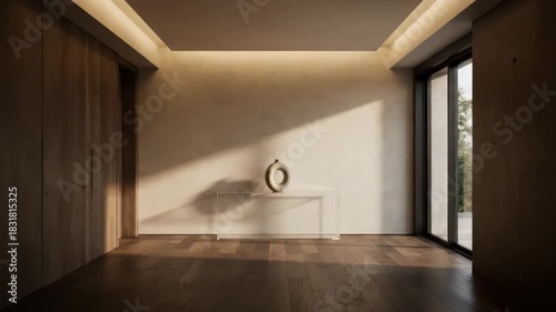 A minimalist room transforms with warm lighting and elegant decor. Sunlight casts dramatic shadows, highlighting the modern interior design.