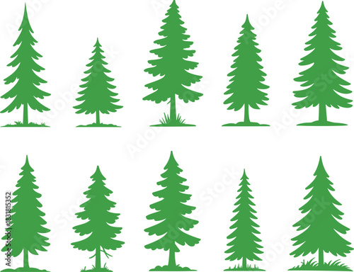 Set of ten pine tree silhouette illustrations featuring evergreen forest shapes, nature clipart elements, conifer icons for design, decoration, and artwork
