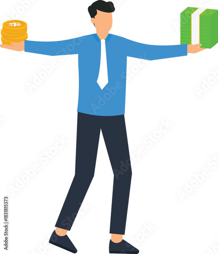 Businessman holding money balancing coins cash stacks financial decision investment choice wealth management profit comparison asset allocation business finance financial success
