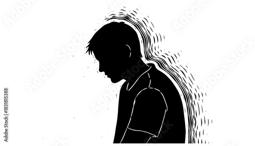 Silhouette of contemplative person in profile with abstract wave pattern