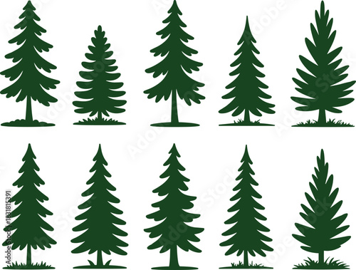 Set of ten pine tree silhouette illustrations featuring evergreen forest shapes, nature clipart elements, conifer icons for design, decoration, and artwork
