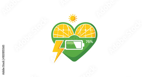 Green Heart Solar Energy Battery Symbol with Lightning Bolt, Generative AI.