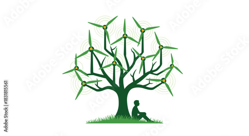 Green energy tree with person sitting under it, Generative AI.