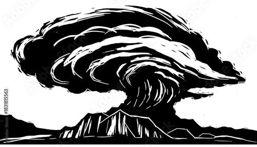 Dramatic black and white stormy skies over mountainous landscape