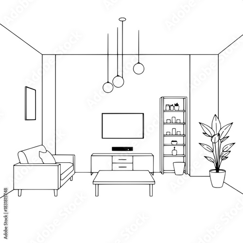 Simple line rendering of a furnished modern living room. Sofa on left, TV on center wall, pendant lights above, cabinet with plant on the right, tall plant behind. Monochromatic palette, thin, consist