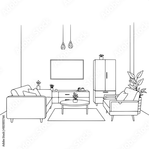 Simple line rendering of a furnished modern living room. Sofa on left, TV on center wall, pendant lights above, cabinet with plant on the right, tall plant behind. Monochromatic palette, thin, consist