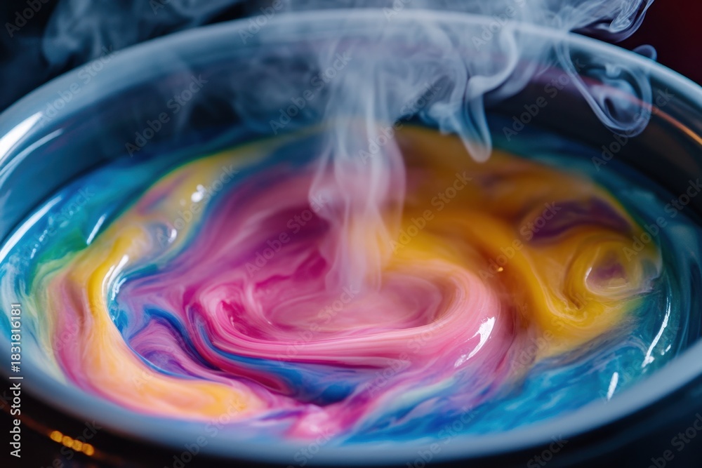 Obraz premium Colorful wax melt swirling inside electric warmer with vibrant pink, yellow, and blue hues creating mesmerizing and soothing visual effect with gentle smoke rising