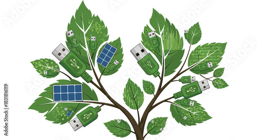 Green technology tree with USB ports and solar panels symbolizing ecofriendly innovation, Generative AI.