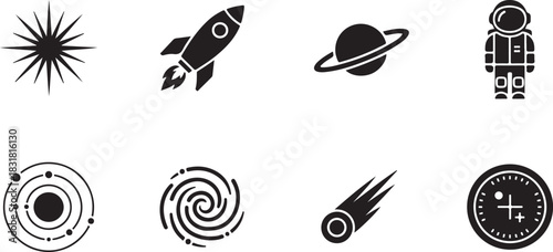 Set of diverse space and astronomy icons illustrating cosmic exploration and science.
