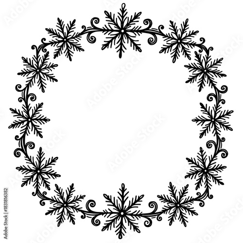Christmas wreath made of pine branches and holly in symmetrical circular form drawn in vintage hand-drawn black and white style - festive seasonal decor