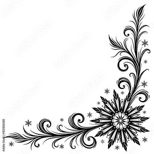 Corner floral snowflake element for Christmas decor in vintage black and white style - festive holiday corner frame - winter flourish illustration