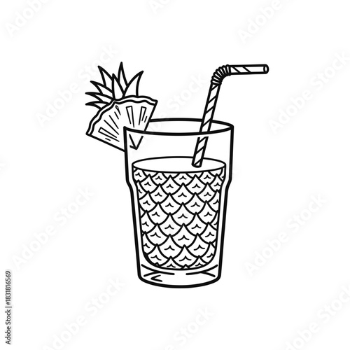 Glass of pineapple juice with straw and slice on top  