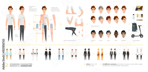Diverse Male Character Creator Set With Full-Body Poses, Round Joints for Animation, Multiple Outfits and Professions. Includes Heads of Different Ethnicities in Front and 3 Quarter View.