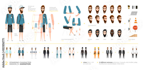 Diverse Male Character Creator Set with Full-Body Poses, Round Joints for Animation, Multiple Outfits and Professions. Includes Heads of Different Ethnicities in Front and 3 Quarter View.