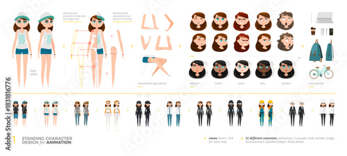 Diverse Female Character Creator Set for Animation with Full-Body Poses, Outfits, and Professions. Includes Editable Heads of Various Ethnicities in Front and 3 Quarter View for Design Projects.