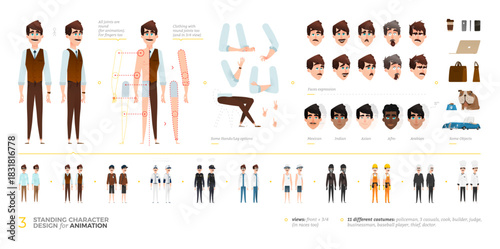 Diverse Business Male Character Creator Set With Full-Body Poses, Round Joints for Animation, Multiple Outfits and Professions. Includes Heads of Different Ethnicities in Front and 3 Quarter View.