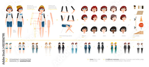 Diverse Female Character Creator Set for Animation with Full-Body poses, Outfits, and Professions. Includes Editable Heads of Various Ethnicities in Front and 3 Quarter View for Design Projects.