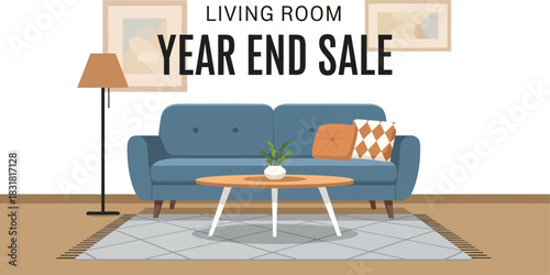 Living room year end sale with blue sofa and lamp on beige background