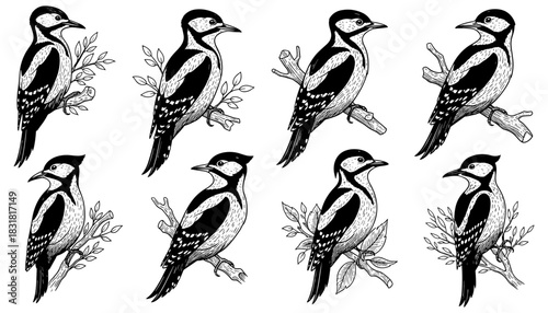 Monochrome woodpecker collection on branches with ornate textures