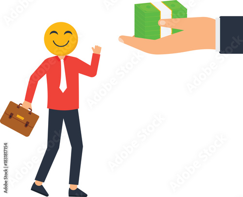 Happy businessman emoji head receiving cash payment getting salary bonus financial success corporate incentive investment income business deal holding briefcase waving hand