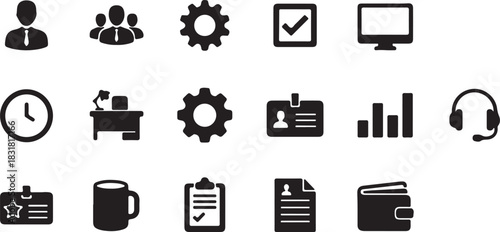 Business and office icon set for web, app, and interface design, professional symbols.