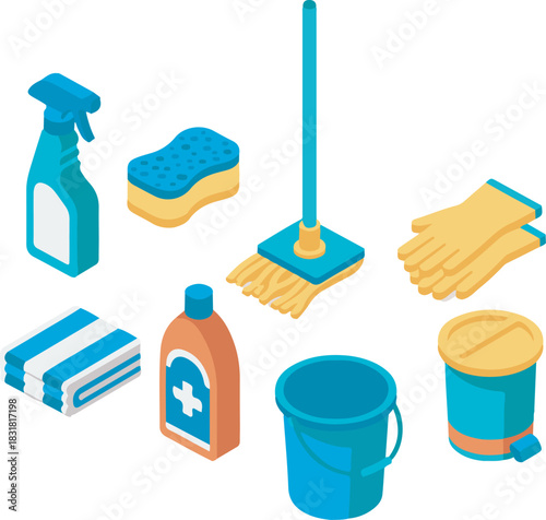 Isometric set of essential cleaning supplies, tools, and equipment for household hygiene