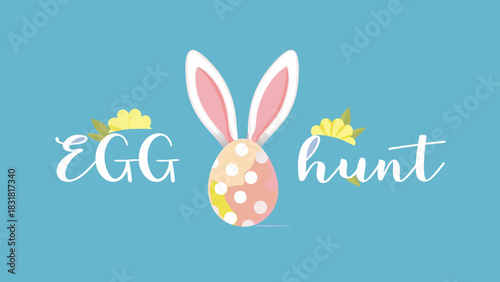 Cute easter egg hunt greeting with bunny ears and yellow flowers on a pastel blue background perfect for spring celebrations and holiday invitations