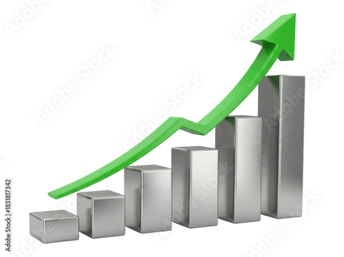 Free Download Green arrow pointing up over silver bar graph isolated PNG, business growth and success concept on transparent background - GFXLoad